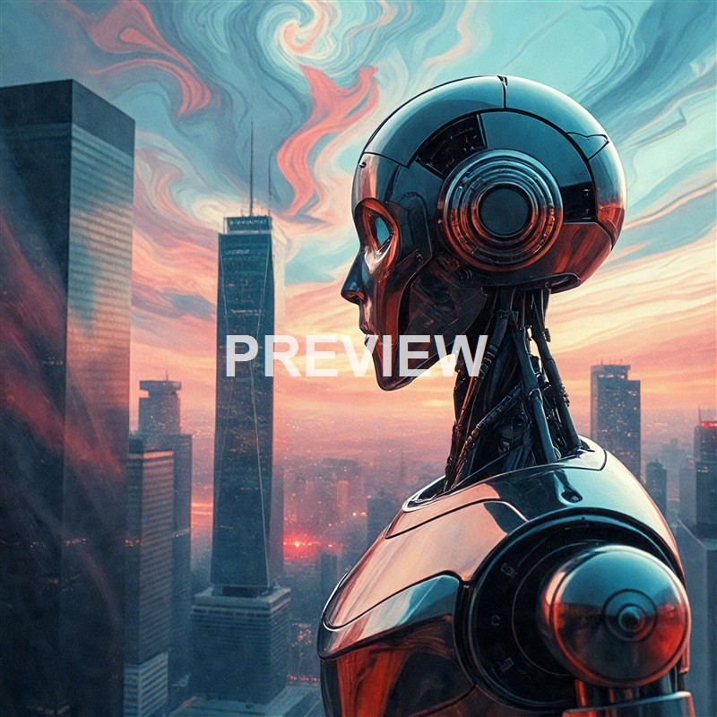 A highly detailed futuristic robotic humanoid with a sleek, metallic design and a human-like face, set against a city skyline during sunset with swirling clouds in the sky.